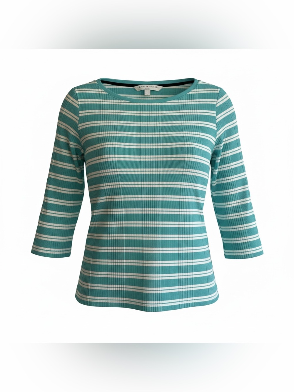 Tommy Hilfiger Women’s Ribbed Shirt Womens XL  3/4 Sleeve Turquoise White Stripe
